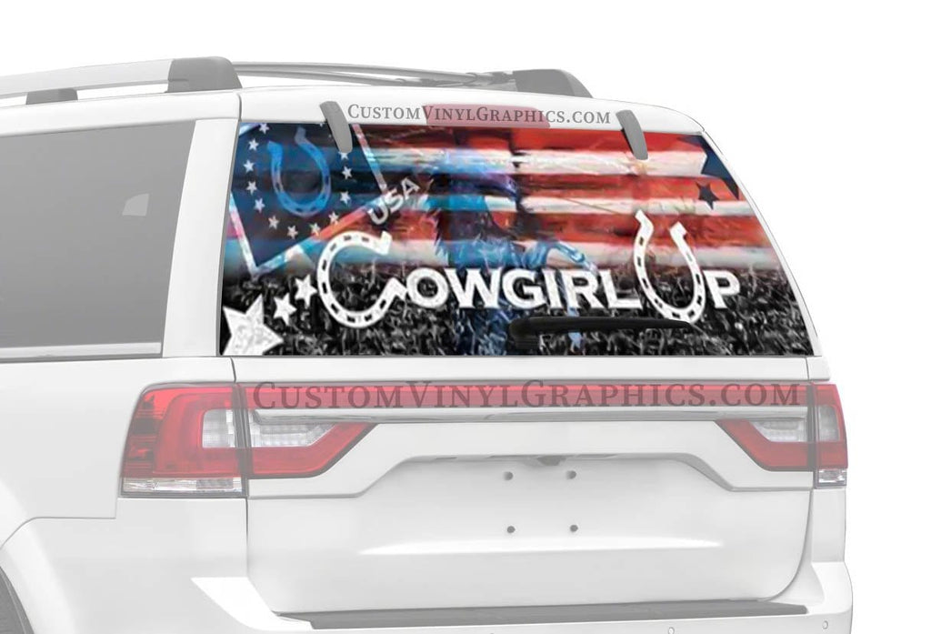 Cowgirl Up Flag Collage Rear Window Decal - Custom Vinyl Graphics