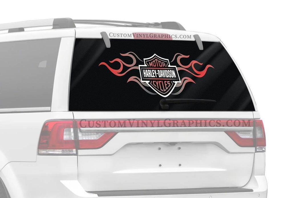 Double Flame Bar And Shield Logo Harley-Davidson Rear Window Decal - Custom Vinyl Graphics