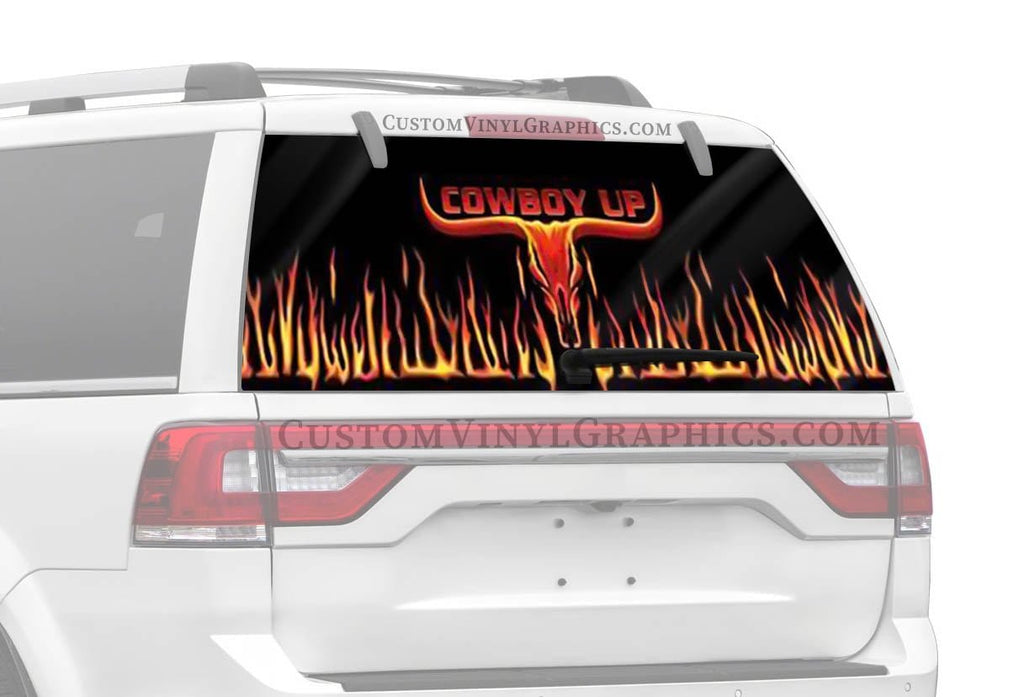 Cowboy Up Longhorn Flame Rear Window Decal - Custom Vinyl Graphics