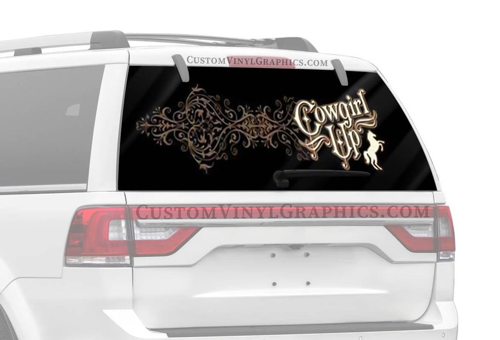 Cowgirl Up Scroll Rear Window Decal - Custom Vinyl Graphics